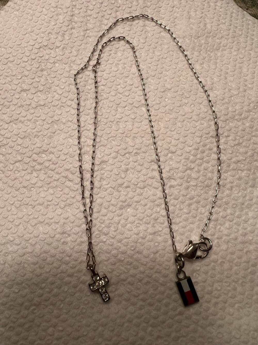 Tommy Hilfiger Silver-Tone Rhinestone Cross Pendant Necklace with Flag Charm